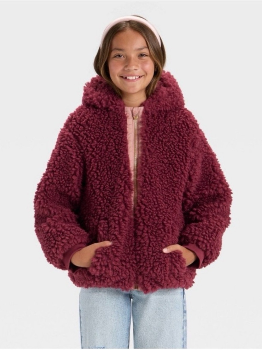 Girls' Cozy Sherpa Hooded Jacket - Burgundy
